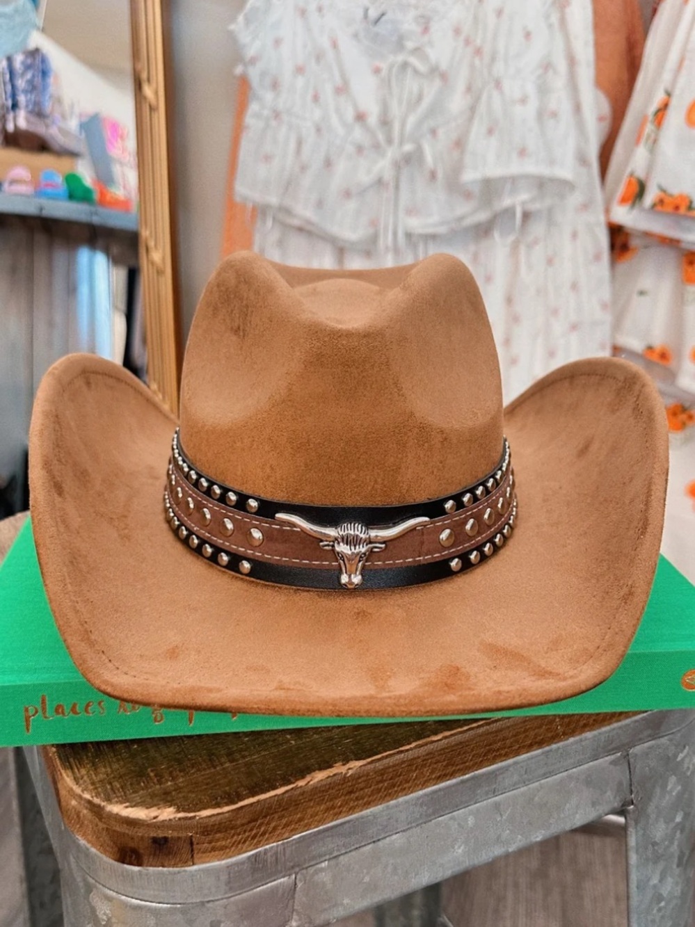 Classic Brown Western Cowboy Hat with Bull Head Band